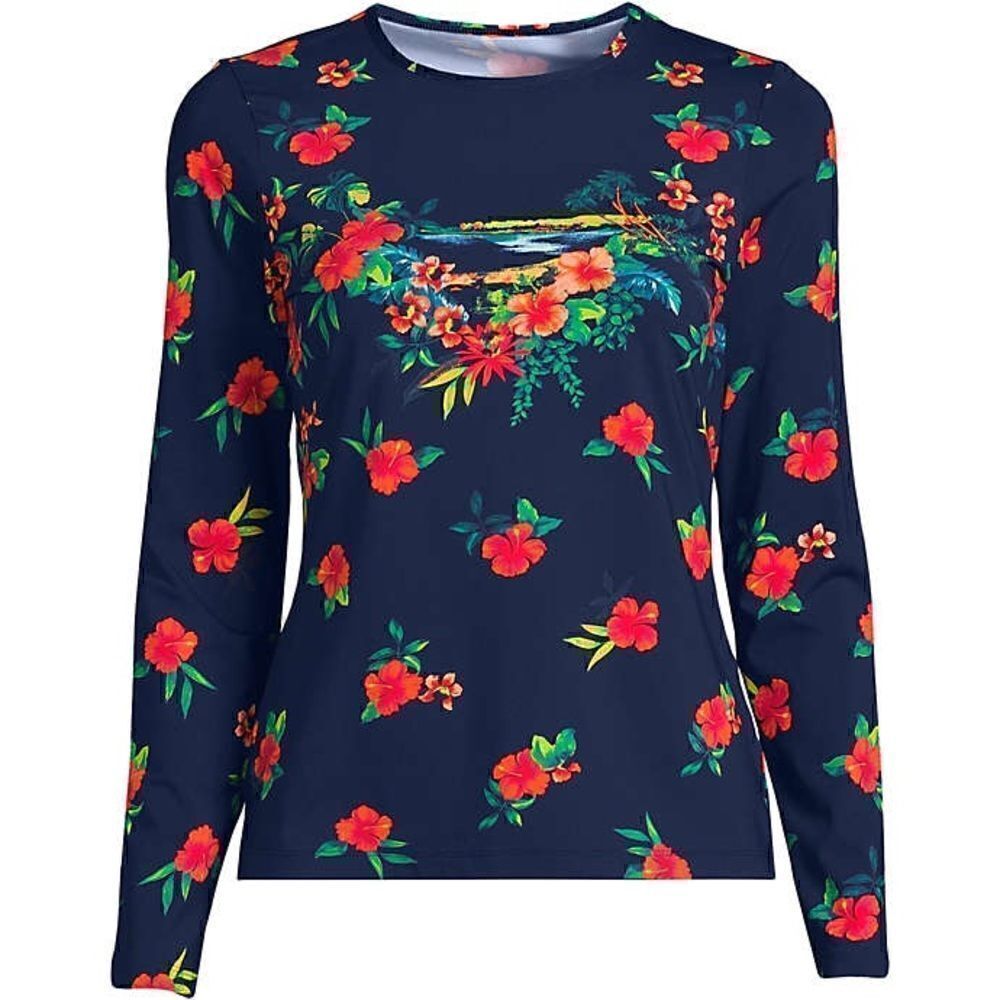 Land’s End long sleeve rash guard navy scenic tropical placement SPF 50 Various